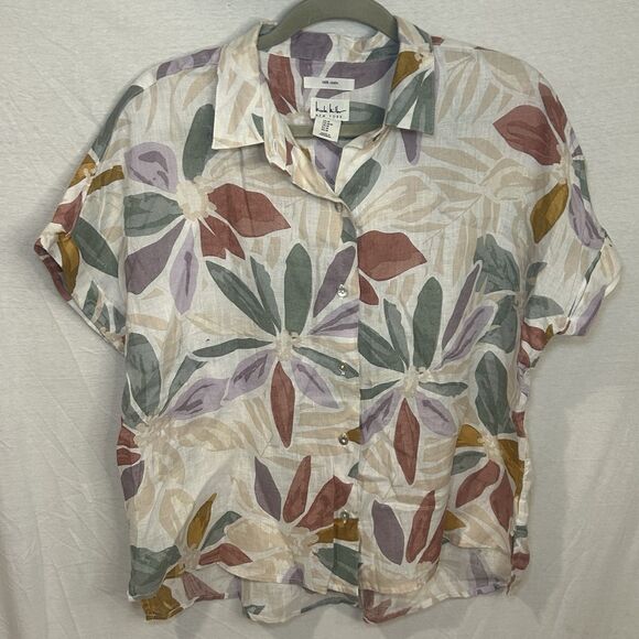 Nicole Miller NY Women's Linen Blouse Floral Short Sleeve Button Front Sz M Top - Picture 1 of 6
